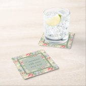 ヴィンテージピンクローズフラワーパターンカスタム文字 スクエアペーパーコースター (インサイチュ)