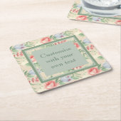 ヴィンテージピンクローズフラワーパターンカスタム文字 スクエアペーパーコースター (アングル)