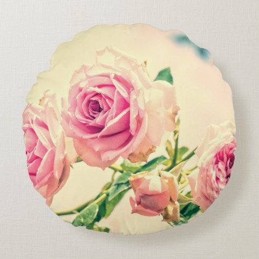 ヴィンテージピンクローズフラワー ラウンドクッション (正面)