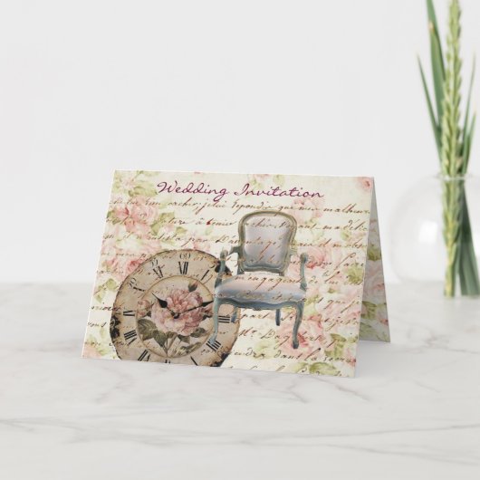 ヴィンテージピンクローズフローラスチームパンク結婚ズ 招待状 (正面)