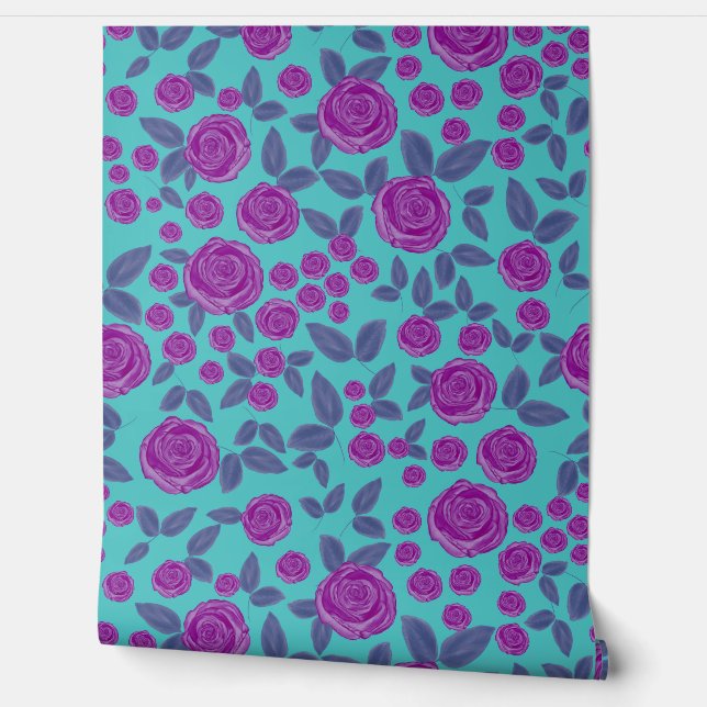ヴィンテージピンクローズフローラターコイズパターン 壁紙 (ほどく)