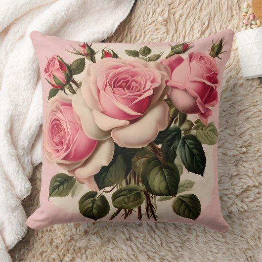 ヴィンテージピンクローズフローラブーケ クッション (ブランケット)