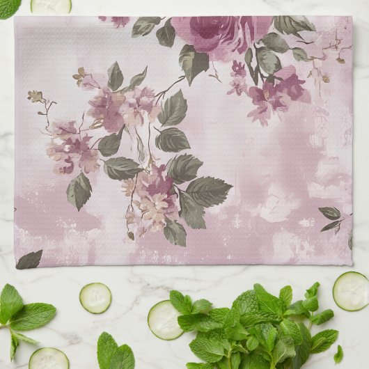 ヴィンテージピンクローズフローラ水彩 キッチンタオル (折り畳み)