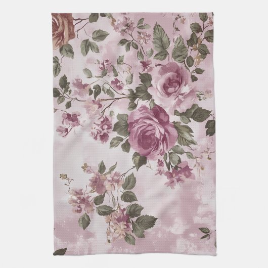 ヴィンテージピンクローズフローラ水彩 キッチンタオル (縦)