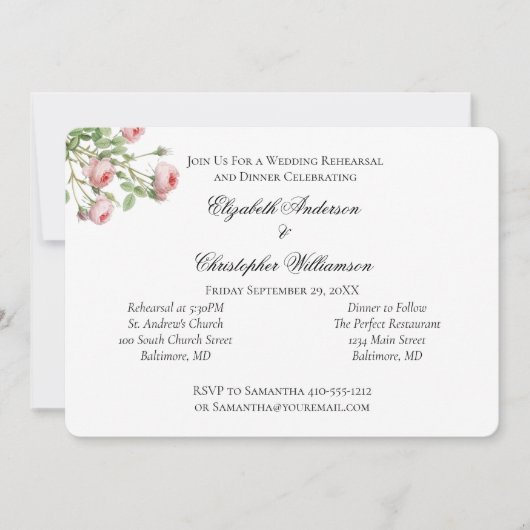 ヴィンテージピンクローズフローラ結婚のリハーサル 招待状 (正面)