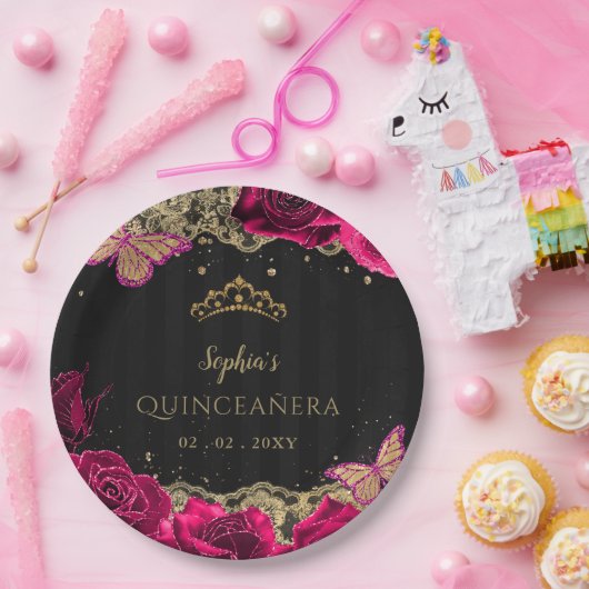 ヴィンテージピンクローズブラック金ゴールドレースキンセアニラ ペーパープレート (パーティー)