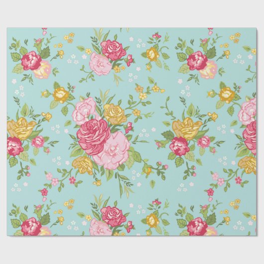 ヴィンテージピンクローズブーケフローラルパターンティール（緑がかった色） ラッピングペーパー (フラット)