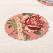 ヴィンテージピンクローズリボン結婚式招待状 ペーパーコースター (アングル)