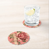 ヴィンテージピンクローズリボン結婚式招待状 ペーパーコースター (インサイチュ)