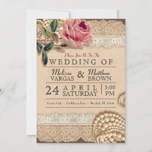 ヴィンテージピンクローズ結婚式招待状 招待状 (正面)