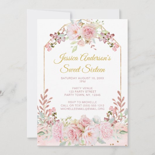 ヴィンテージピンクローズ金ゴールドウォーター色フローラスイーツ16 招待状 (正面)
