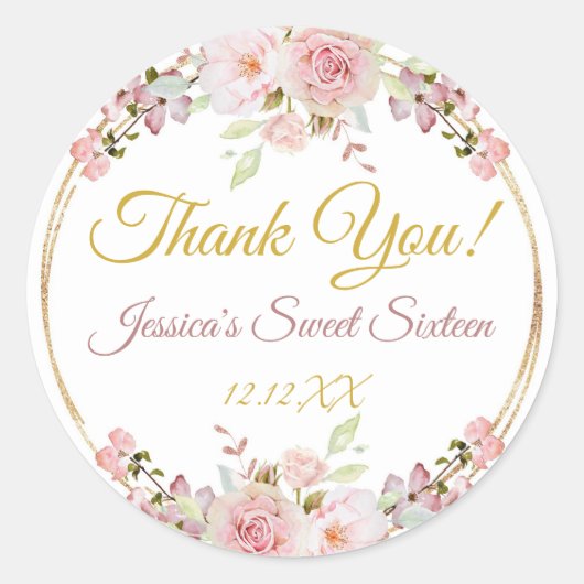 ヴィンテージピンクローズ金ゴールドグリッターありがとう ラウンドシール (正面)