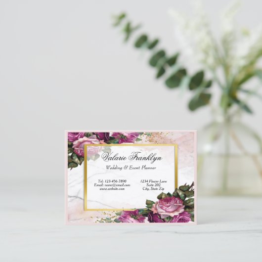 ヴィンテージピンクローズ金ゴールドフレームイベントプランナー 名刺 (スタンド正面)