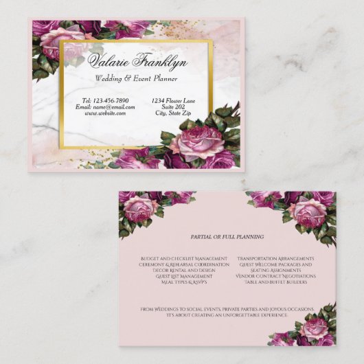 ヴィンテージピンクローズ金ゴールドフレームイベントプランナー 名刺 (正面/裏面)