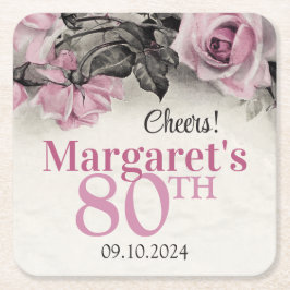 ヴィンテージピンクローズ80誕生日 スクエアペーパーコースター