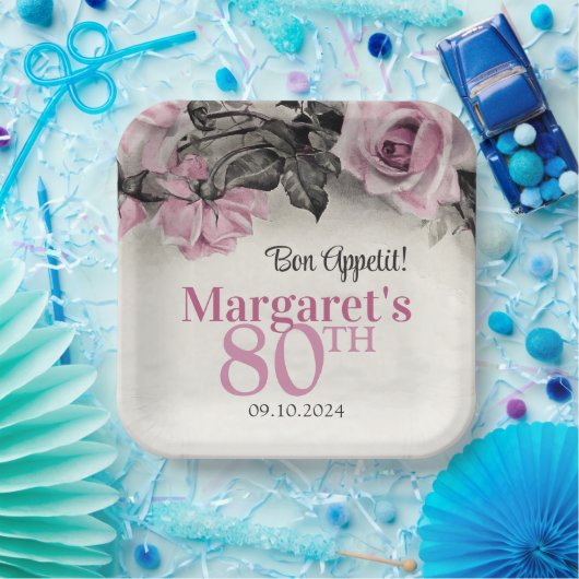 ヴィンテージピンクローズ80誕生日 ペーパープレート (パーティー)