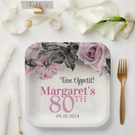 ヴィンテージピンクローズ80誕生日 ペーパープレート