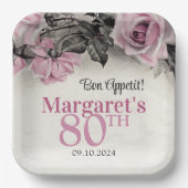 ヴィンテージピンクローズ80誕生日 ペーパープレート (正面)