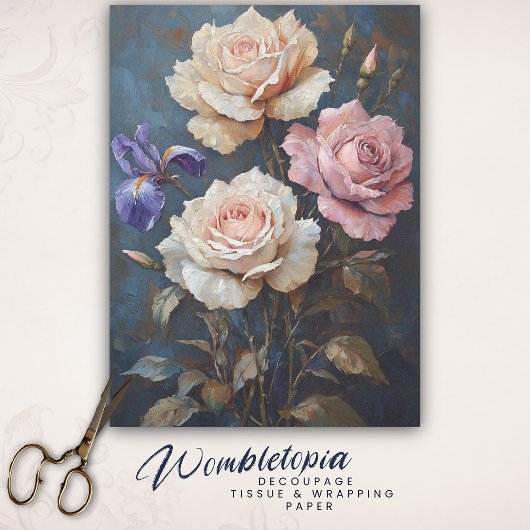 ヴィンテージピンクローズ&アイリスデクページアート 薄葉紙