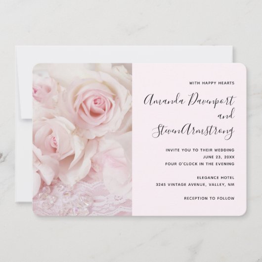ヴィンテージピンクローズ&エレガントレース結婚- s 招待状 (正面)