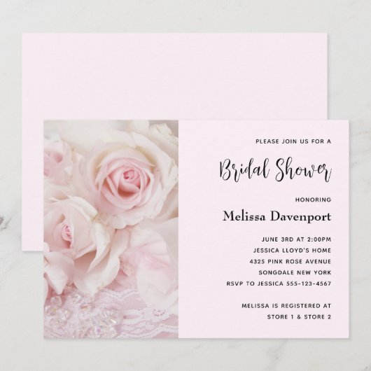 ヴィンテージピンクローズ＆エレガントレース - ブライダルシャワー 招待状 (正面/裏面)