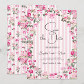 ヴィンテージピンクローズ コケッテ ボウ ストライプ 招待状 (正面/裏面)