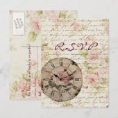 ヴィンテージピンクローズ フラワースチームパンク ウェディング RSVP インビテーションポストカード (正面/裏面)