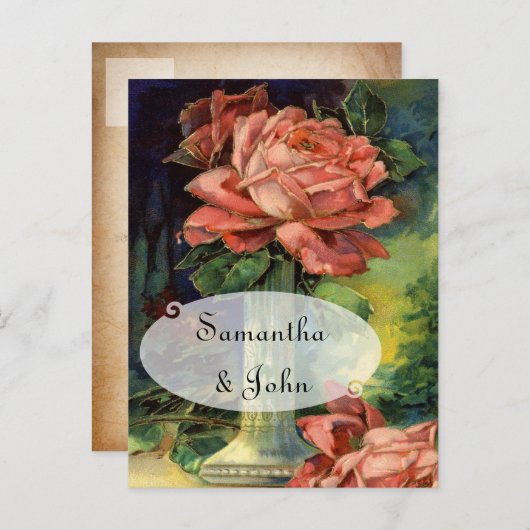 ヴィンテージピンクローズSave the Date 案内ポストカード (正面/裏面)