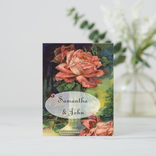 ヴィンテージピンクローズSave the Date 案内ポストカード (スタンド正面)