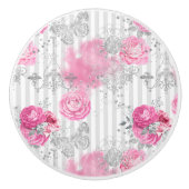 ヴィンテージピンクローゼスシルバーグリッター蝶シック セラミックノブ (正面)