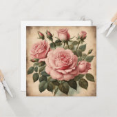 ヴィンテージピンクローゼスフローラブーケイラストレーション カード (正面/裏面インサイチュ)