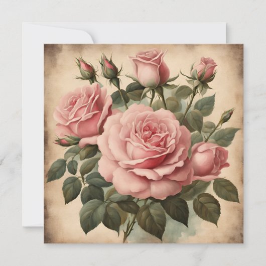 ヴィンテージピンクローゼスフローラブーケイラストレーション カード (正面)