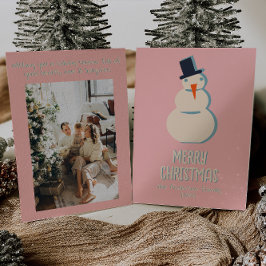 ヴィンテージピンク図解入りの、写真付きのクリーム雪だるまクリスマス シーズンカード