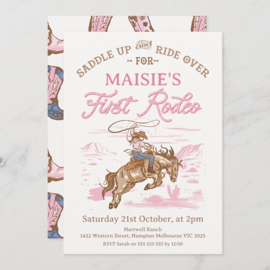 ヴィンテージピンク女性のカーボーイファースト・ロデオ1歳 招待状 (正面/裏面)