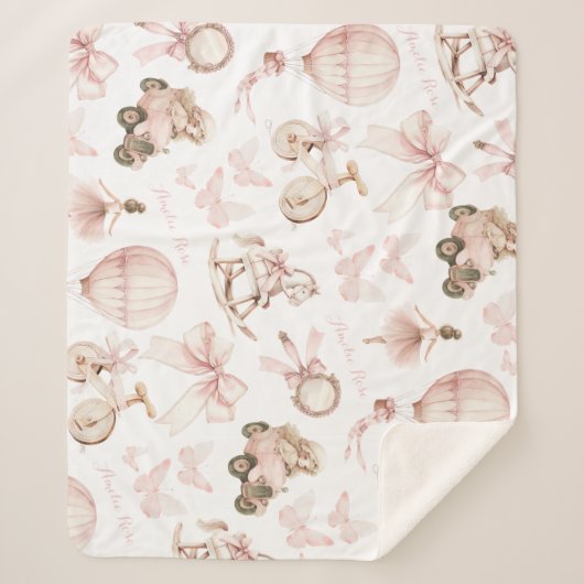 ヴィンテージピンク子供部屋名前をカスタムするベビーガール シェルパブランケット (正面)