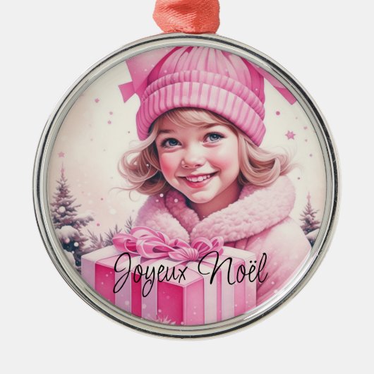 ヴィンテージピンク小さな女の子クリスマスジョユーヌエル メタルオーナメント (正面)