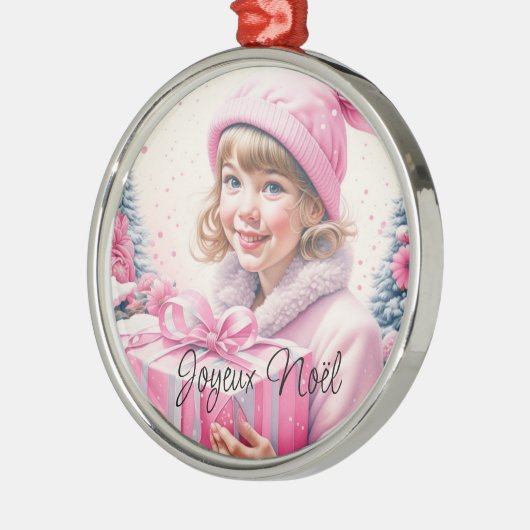 ヴィンテージピンク小さな女の子クリスマスジョユーヌエル メタルオーナメント (左)