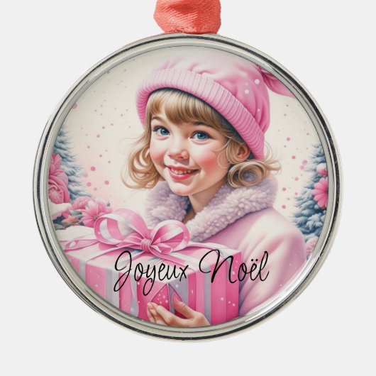 ヴィンテージピンク小さな女の子クリスマスジョユーヌエル メタルオーナメント (正面)