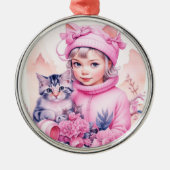 ヴィンテージピンク小さな女の子クリスマス メタルオーナメント (正面)