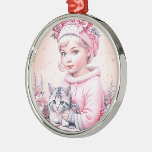 ヴィンテージピンク小さな女の子クリスマス メタルオーナメント (左)