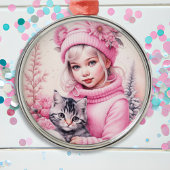 ヴィンテージピンク小さな女の子クリスマス メタルオーナメント