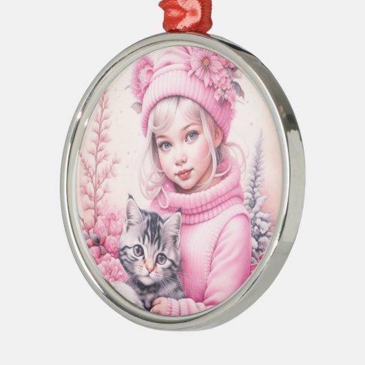 ヴィンテージピンク小さな女の子クリスマス メタルオーナメント (左)