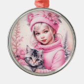 ヴィンテージピンク小さな女の子クリスマス メタルオーナメント (正面)