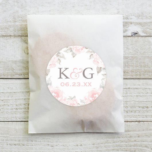 ヴィンテージピンク水彩バラ結婚ズモノグラム ラウンドシール