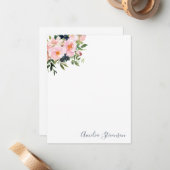 ヴィンテージピンク水色フラワースクリプト名 ノートカード (正面/裏面インサイチュ)