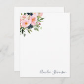 ヴィンテージピンク水色フラワースクリプト名 ノートカード (正面/裏面)