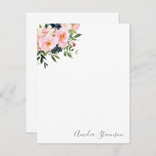 ヴィンテージピンク水色フラワースクリプト名 ノートカード (正面/裏面)