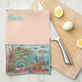 ヴィンテージピンク海シーライフカスタムビーチハウス キッチンタオル (四つ折り)