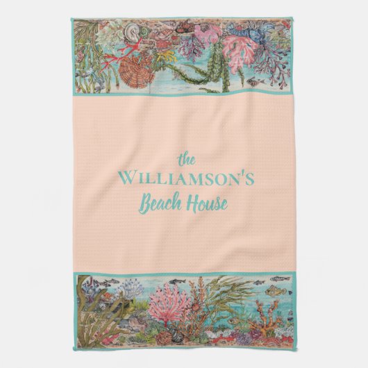 ヴィンテージピンク海シーライフカスタムビーチハウス キッチンタオル (縦)