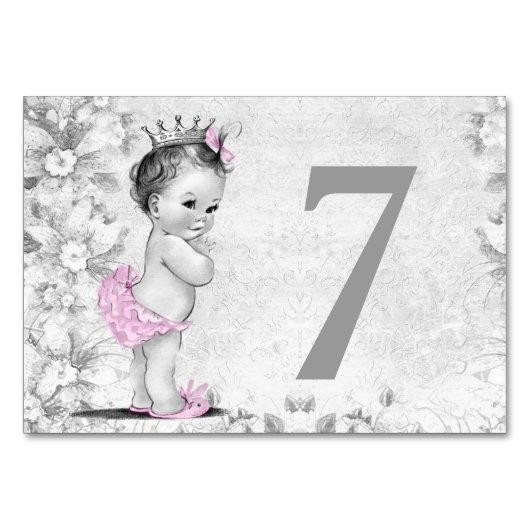 ヴィンテージピンク灰色ベビーシャワーテーブルカード テーブルナンバー (正面)